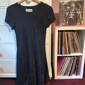 Vintage Damask 90’s Babydoll Mini Dress Black LBD Floral Party Goth 16 Grunge XL